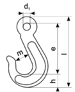 Obrázek závěsného háku s okem s vyobrazenými rozměry háku